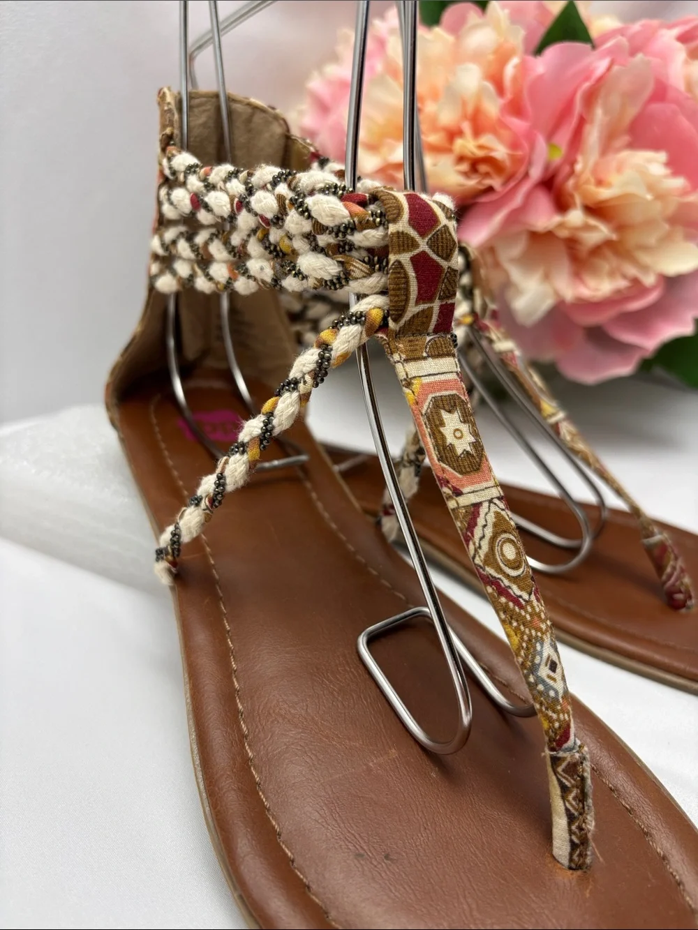 bp Womens 6 Multi Texture Brown and Beige Braided‎ T-Strap Sandals#475